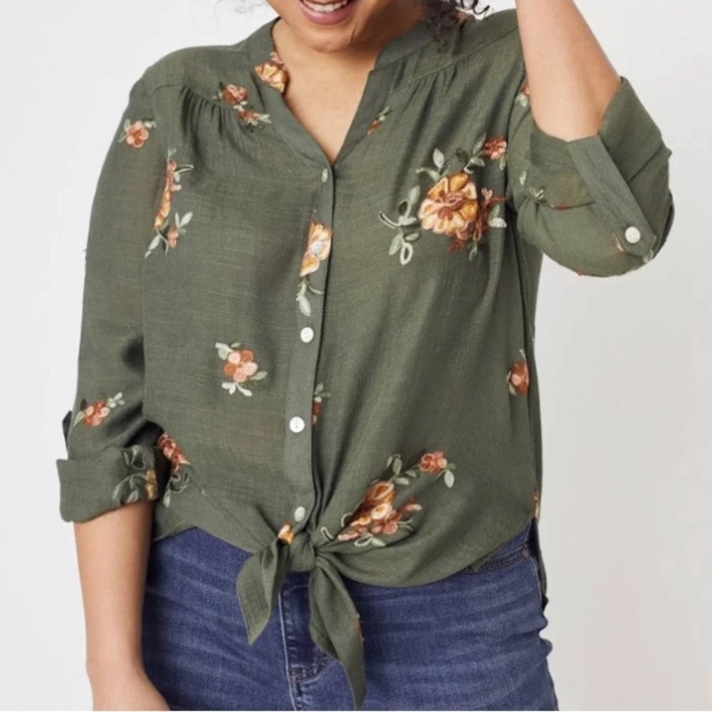 Fig and Flower Olive Green Embroidered Button Front Tunic Shirt Roll Tab Sleeves